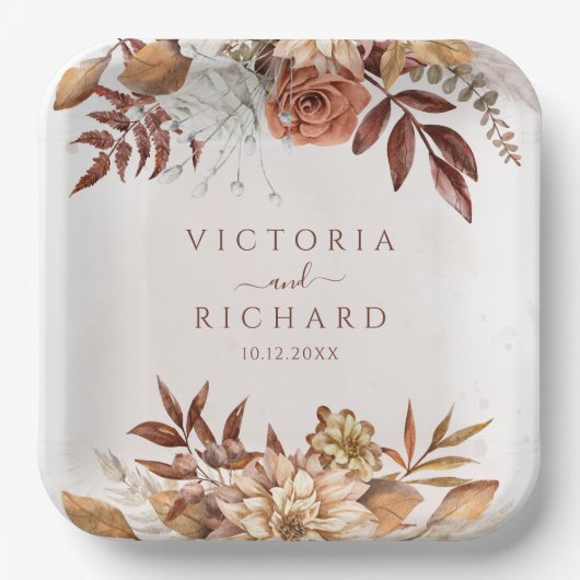 Terracotta Rust Flowers Boho Herfst Foliage Weddin Papieren Bordje (Voorkant)