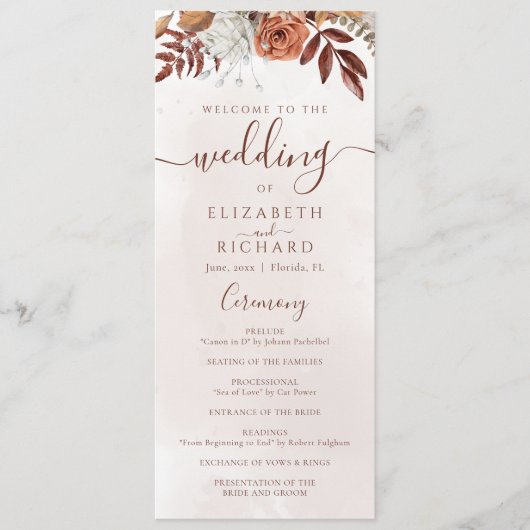 Terracotta Rust Flowers Boho Herfst Foliage Weddin Programmakaart (Voorkant)