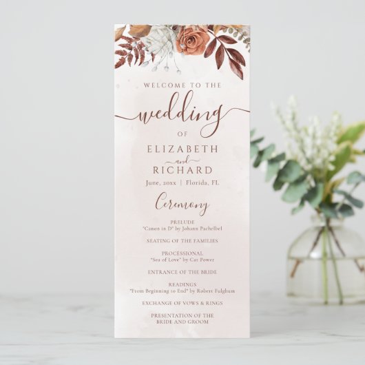 Terracotta Rust Flowers Boho Herfst Foliage Weddin Programmakaart (Staand voorkant)