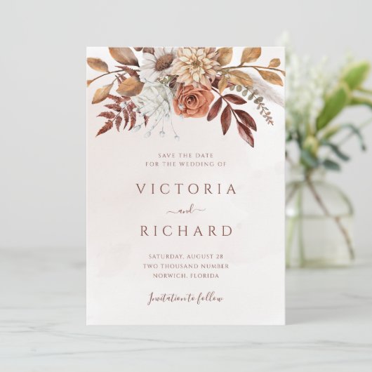 Terracotta Rust Flowers Boho Herfst Foliage Weddin Save The Date (Staand voorkant)