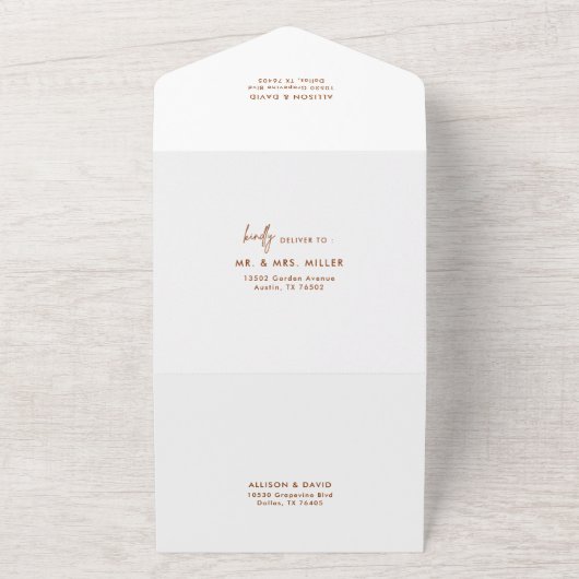 Terracotta Rust Modern Wedding Foto All In One Uitnodiging (Buitenkant)