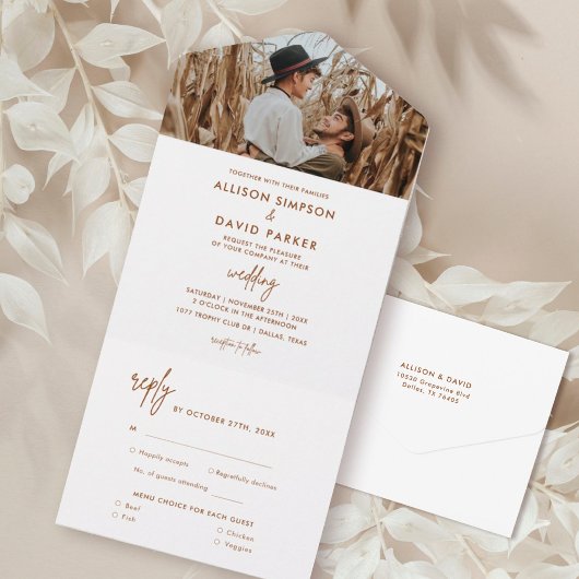 Terracotta Rust Modern Wedding Foto All In One Uitnodiging