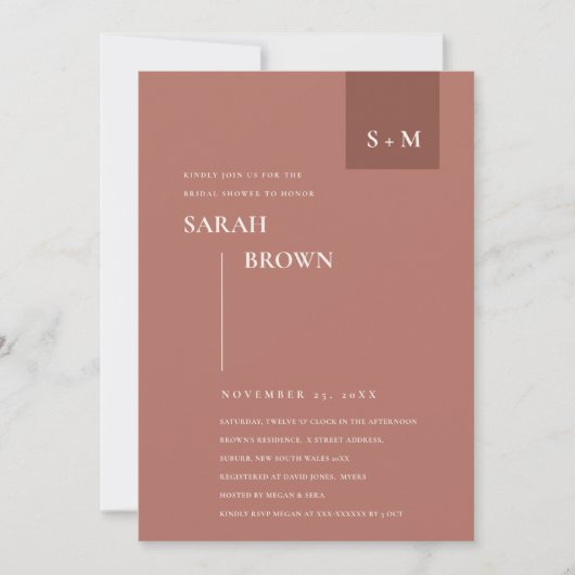 TERRACOTTA RUST MONOGRAM VRIJGEZELLENFEEST INVITE BEDANKKAART (Voorkant)