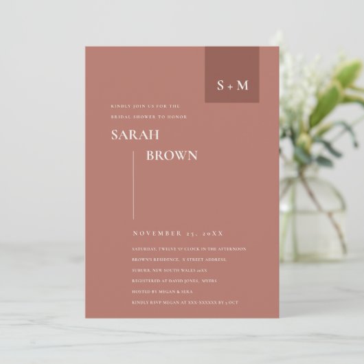 TERRACOTTA RUST MONOGRAM VRIJGEZELLENFEEST INVITE BEDANKKAART (Staand voorkant)