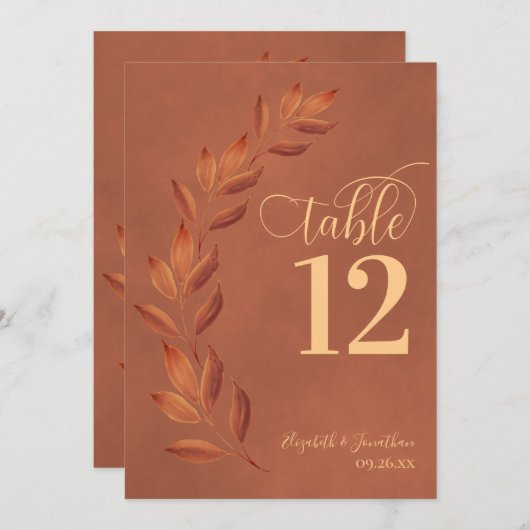 Terracotta Rust Oranje Leaves Modern Table Number (Voorkant / Achterkant)