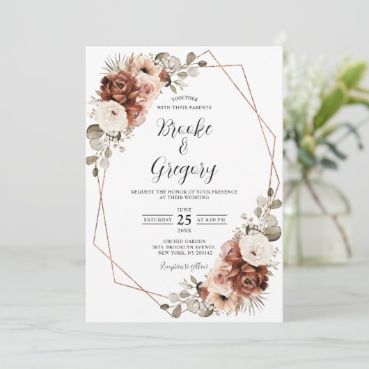 Terracotta Rust Pampas Grass Rustic Boho Wedding Kaart (Staand voorkant)