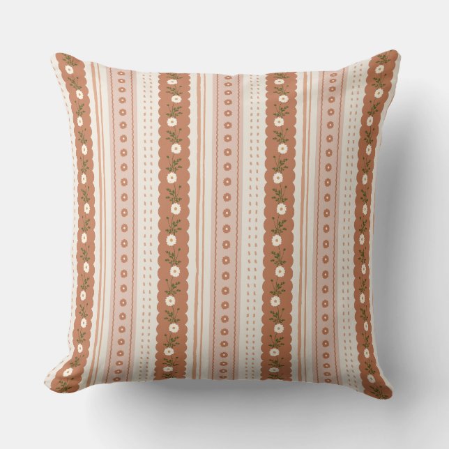 Terracotta Rust Scallop Floral Stripe Boho Kussen (Voorkant)