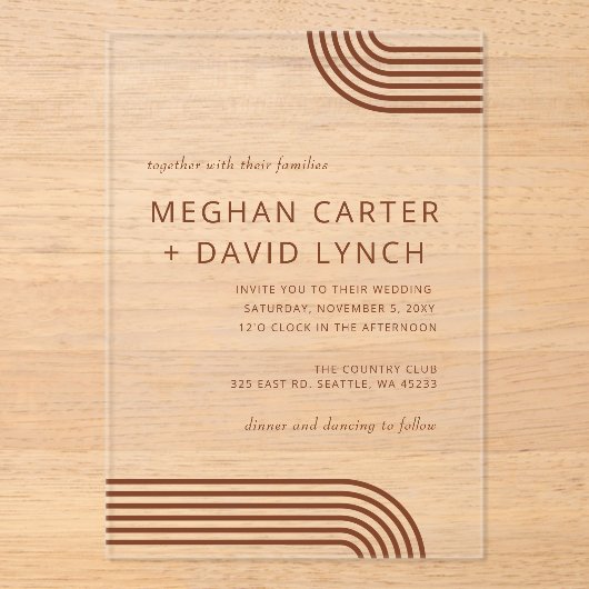 Terracotta Rustic Boho Arched Modern Wedding Acryl Uitnodigingen (Voorkant)