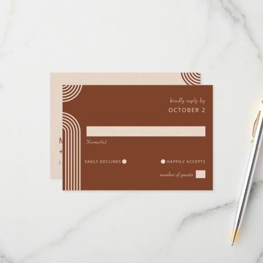 Terracotta Rustic Boho Arched Modern Wedding RSVP Kaartje (Voorkant / Achterkant in situ)