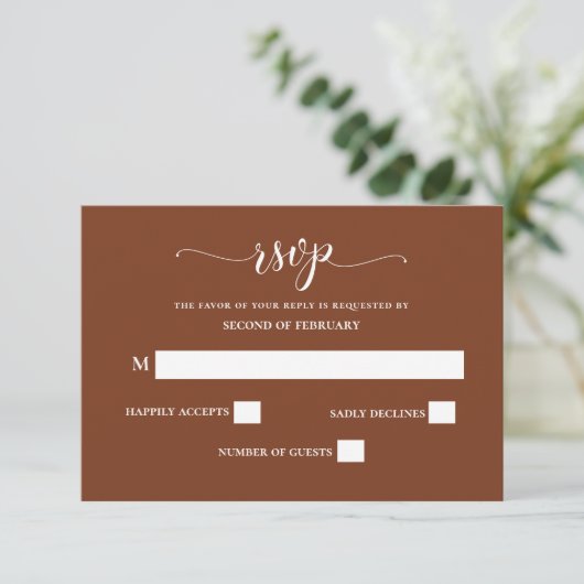 Terracotta Rustic Burnt Oranje Modern Wedding RSVP Kaartje (Staand voorkant)