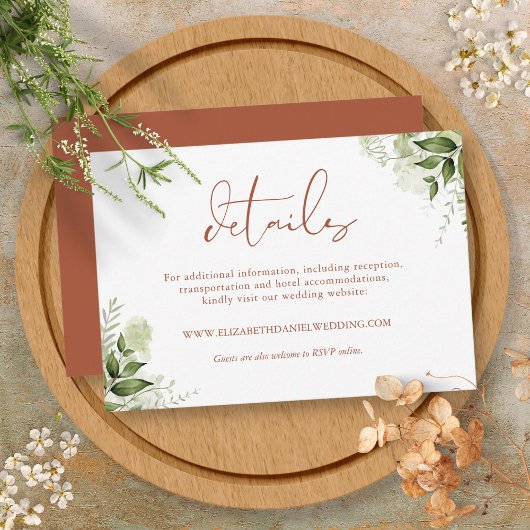 Terracotta Rustic Greenery Leaves Wedding Details Informatiekaartje