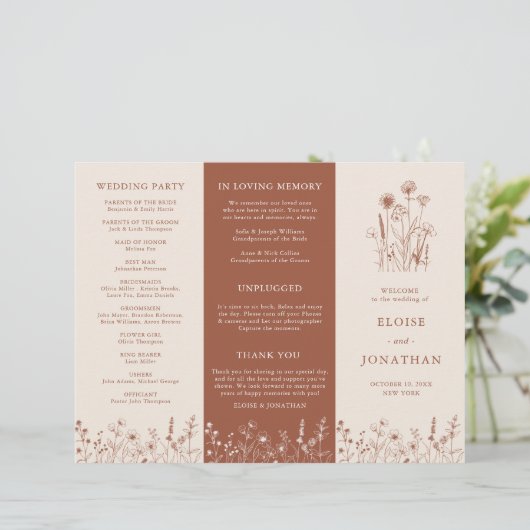 Terracotta Rustic Herfst Wildflower Wedding Progra (Staand voorkant)