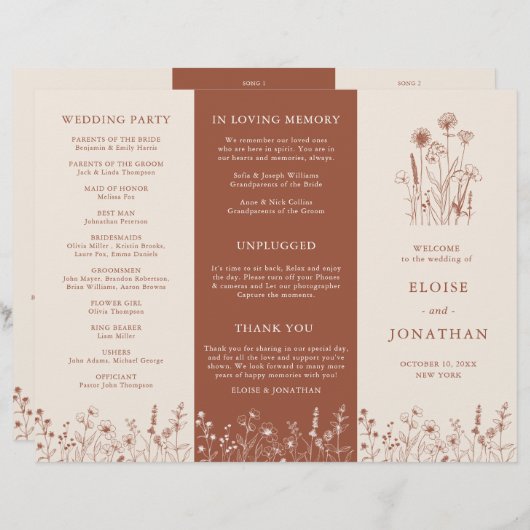 Terracotta Rustic Herfst Wildflower Wedding Progra (Voorkant / Achterkant)
