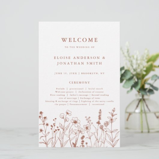 Terracotta Rustic Herfst Wildflower Wedding Progra (Staand voorkant)