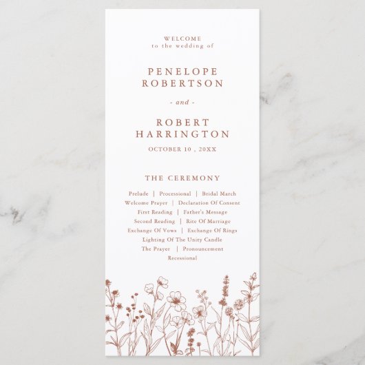 Terracotta Rustic Herfst Wildflower Wedding Progra Programmakaart (Voorkant)