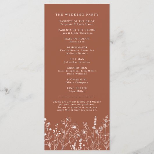 Terracotta Rustic Herfst Wildflower Wedding Progra Programmakaart (Achterkant)