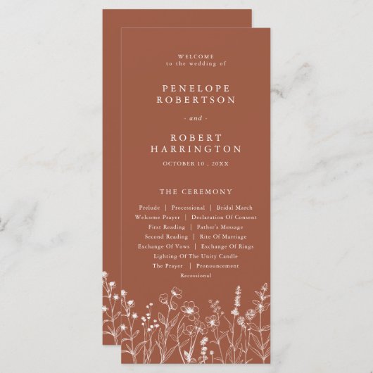 Terracotta Rustic Herfst Wildflower Wedding Progra Programmakaart (Voorkant / Achterkant)