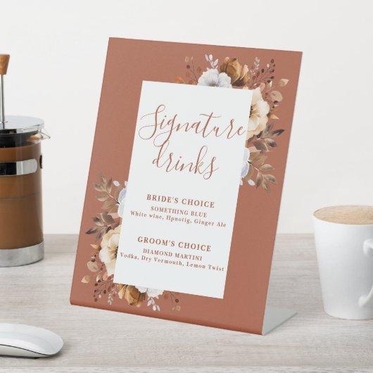 Terracotta Rustic Modern Floral Signature Drinken Reclamebord Met Voetstuk (Insitu)