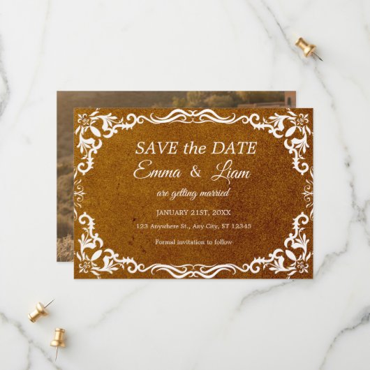Terracotta Rustic Papel Picado – Bewaar de datum Save The Date (Voorkant / Achterkant in situ)