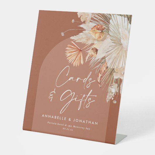 terracotta rustic trouwkaarten en geschenken reclamebord met voetstuk (Voorkant)