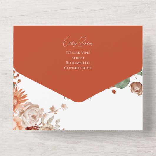 Terracotta rustieke bloemen alles in één bruiloft  all in one uitnodiging (Achterkant)