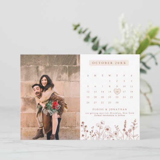 Terracotta Rustieke Bloemen Herfst Wildflower Foto Save The Date (Staand voorkant)