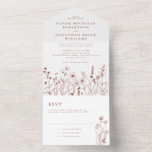 Terracotta Rustieke Bloemen Herfst Wildflower Huwe All In One Uitnodiging (Binnen)