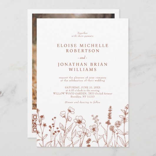 Terracotta Rustieke Bloemen Herfst Wildflower Huwe Kaart (Voorkant / Achterkant)