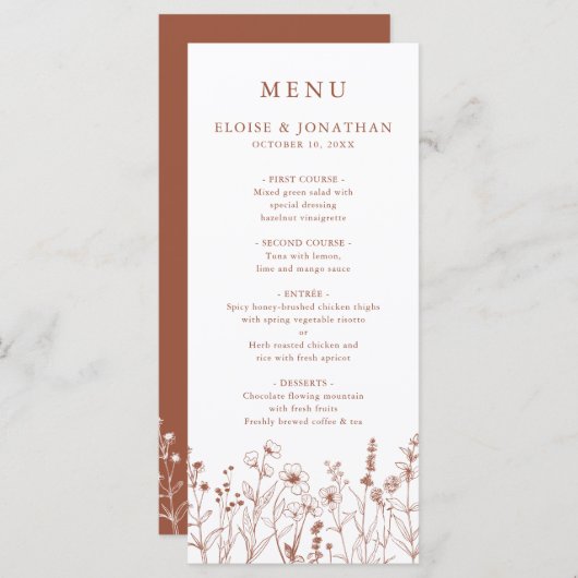 Terracotta Rustieke Bloemen Herfst Wildflower Huwe Menu (Voorkant / Achterkant)