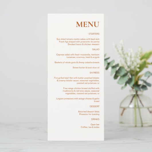 Terracotta rustieke chique bruiloft menu (Staand voorkant)