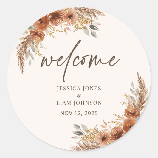 Terracotta Rustieke Herfst Bloemen Huwelijk Welkom Ronde Sticker (Voorkant)
