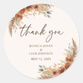 Terracotta Rustieke Herfst Bloemenbruiloft Dank u Ronde Sticker (Voorkant)