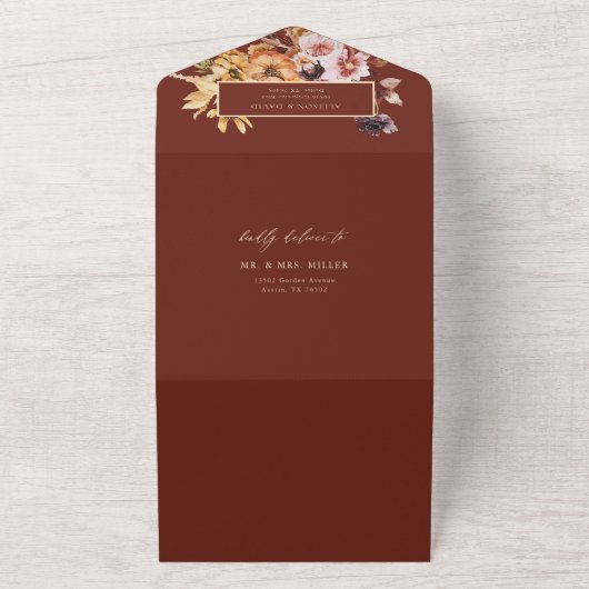 Terracotta rustieke Herfst bloemenbruiloft QR All In One Uitnodiging (Buitenkant)