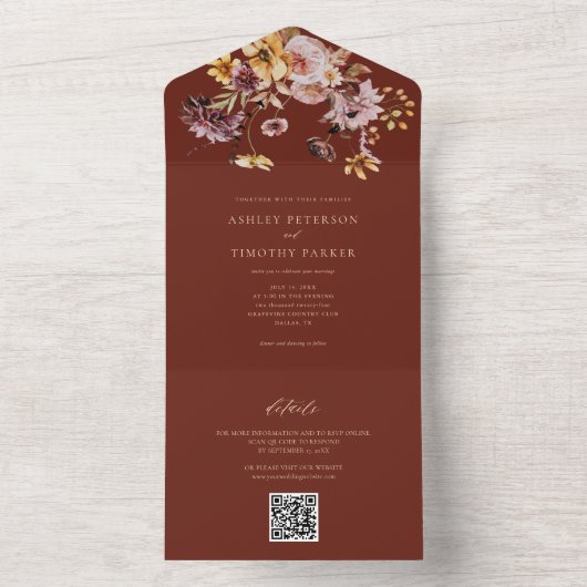 Terracotta rustieke Herfst bloemenbruiloft QR All In One Uitnodiging (Binnen)