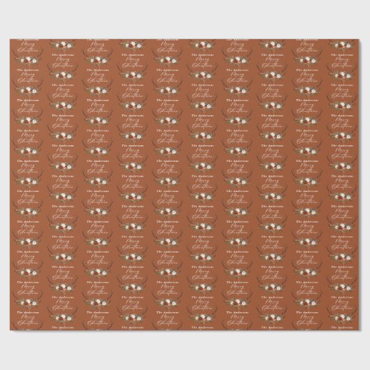 Terracotta rustieke hert bloemenvrolijk kerstfeest cadeaupapier (Vlak)