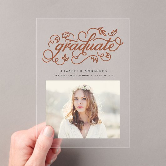 Terracotta rustieke kalligrafie Foto Afstuderen Acryl Uitnodigingen (Insitu (Draagbaar))