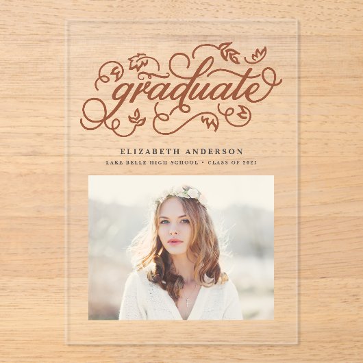 Terracotta rustieke kalligrafie Foto Afstuderen Acryl Uitnodigingen (Voorkant)