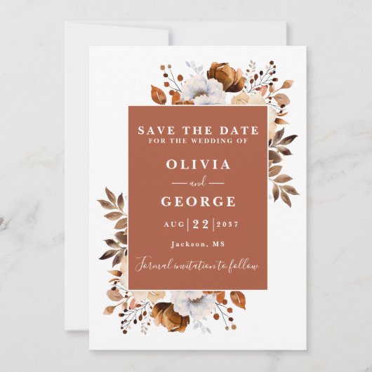 Terracotta Rustieke Waterverf Bloemen Fotobruiloft Save The Date (Voorkant)