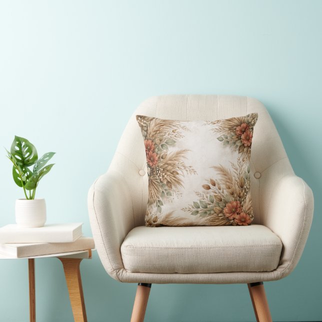 Terracotta Sage Boho Pampas Floral Frame Kussen (Stoel)