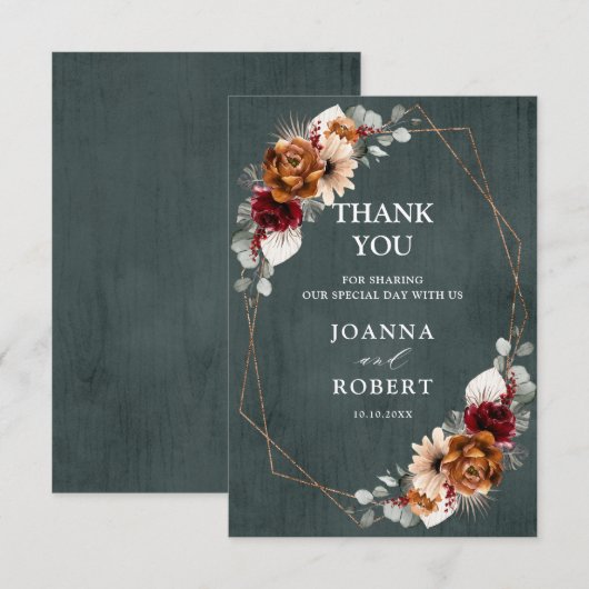 Terracotta Sage Burgundy Floral Geometric Wedding Bedankkaart (Voorkant / Achterkant)