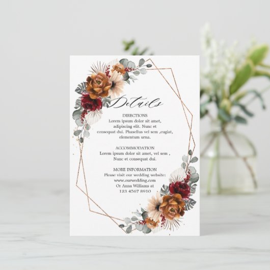 Terracotta Sage Burgundy Floral Geometric Wedding Informatiekaartje (Staand voorkant)