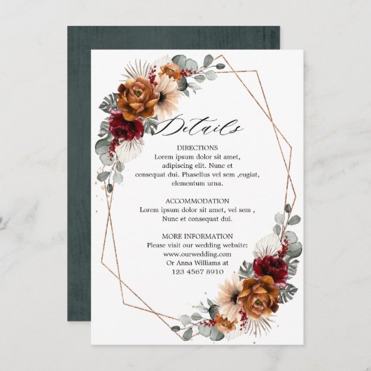 Terracotta Sage Burgundy Floral Geometric Wedding Informatiekaartje (Voorkant / Achterkant)