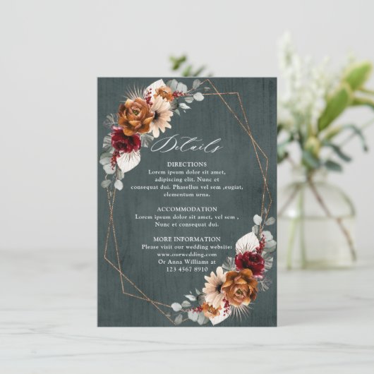 Terracotta Sage Burgundy Floral Geometric Wedding Informatiekaartje (Staand voorkant)