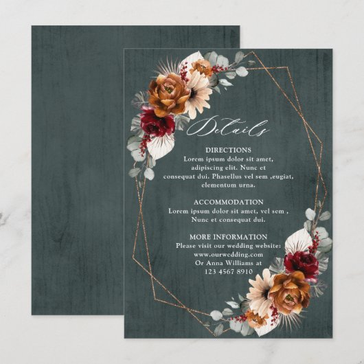Terracotta Sage Burgundy Floral Geometric Wedding Informatiekaartje (Voorkant / Achterkant)