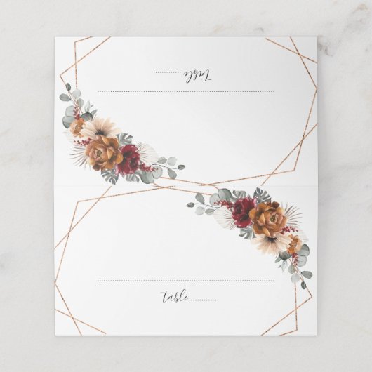 Terracotta Sage Burgundy Floral Geometric Wedding Plaatskaartje (Buitenkant ongevouwen)