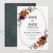 Terracotta Sage Burgundy Floral Geometric Wedding Save The Date (Voorkant / Achterkant)