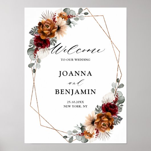 Terracotta Sage Burgundy Geometric Wedding Welkom Poster (Voorkant)
