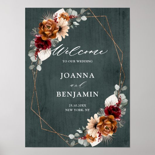 Terracotta Sage Burgundy Geometric Wedding Welkom Poster (Voorkant)