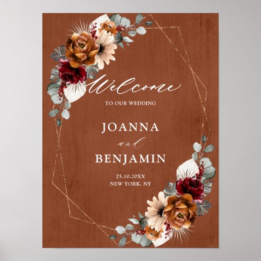 Terracotta Sage Burgundy Geometric Wedding Welkom Poster (Voorkant)