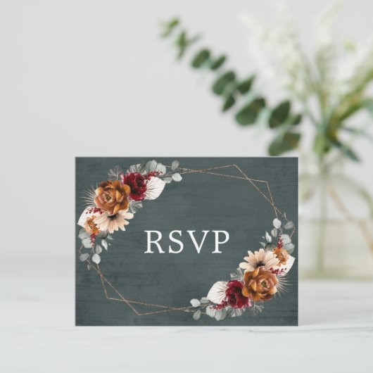 Terracotta Sage Burgundy Greenery Geometric RSVP Briefkaart (Staand voorkant)